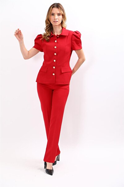 ÖNDER ÖZSOY Gömlek Yaka Kısa Kol Modern Ceket & Cepli Boru Paça Pantolon Kadı...