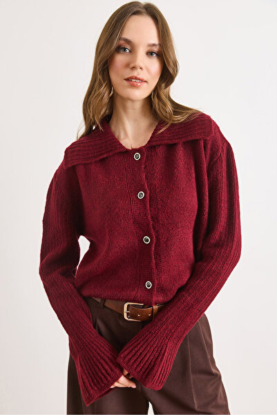 Olalook Women's Burgundy Buttoned Collar Detailed Spanish Sleeve Cardigan Jac...