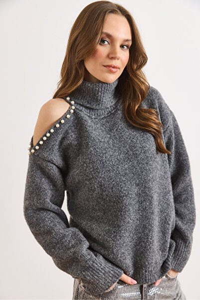 Olalook Women's Smoked Turtleneck Shoulder Pearl Detailed Knitwear Sweater Kz...