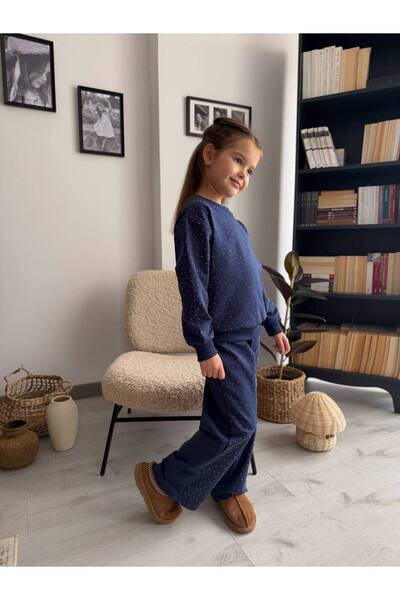 SÜSLÜ KİDS Kız Çocuk Parlak Taş Detaylı Bol Paça Şık Eşofman Takımı Pamuk Kum...