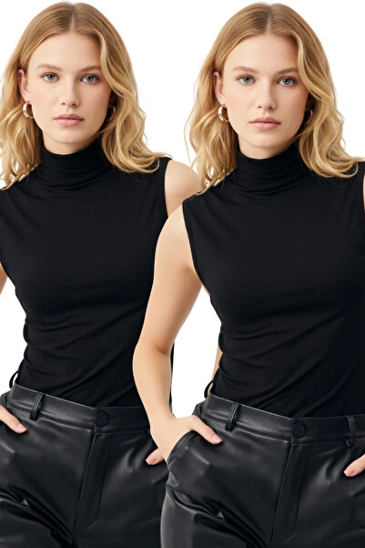bysoca Women's Black Half Turtleneck Sleeveless Cotton 2-Piece Basic Body Blouse