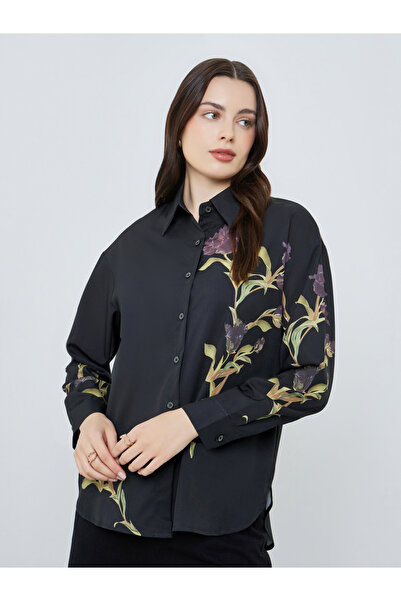Styli Women Black Floral Print Oversized Shirt