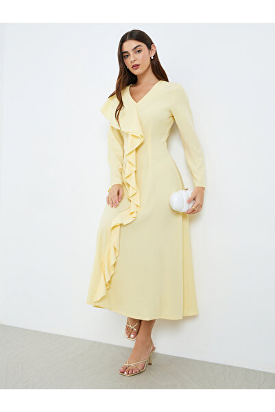 Styli Women Yellow Ruffled Detail Midi Dress