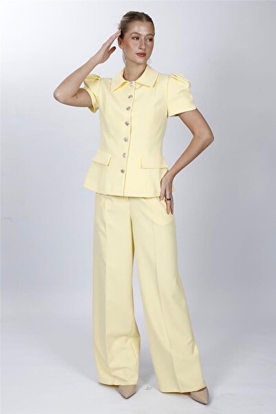 ÖNDER ÖZSOY Shirt Collar Short Sleeve Modern Jacket & Classic Palazzo Women's...