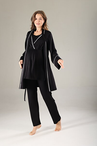 Rimel Homewear Hamile Lohusa 3'lü Pijama Sabahlık Seti - Emzirme Özellikli Ay...
