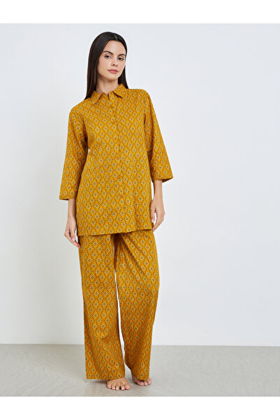 Styli Geo Longline Cotton Shirt and Wide Leg Pyjama Set