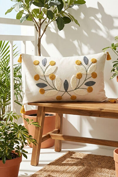 Valmia Home Mustard Yellow Bud Leaf Patterned Punch Embroidered Rectangular T...