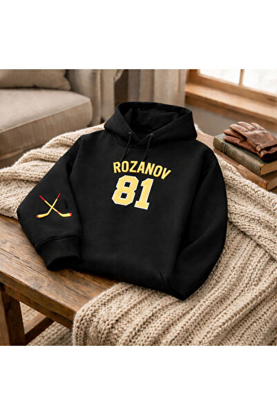 AYDESİGN Heated Rivalry İlya Rozanov 81 Hanorac negru cu glugă, imprimat, pen...