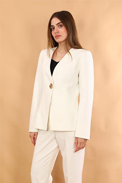 ÖNDER ÖZSOY V-Neck Single Button Classic Women's Jacket-White - 1199100
