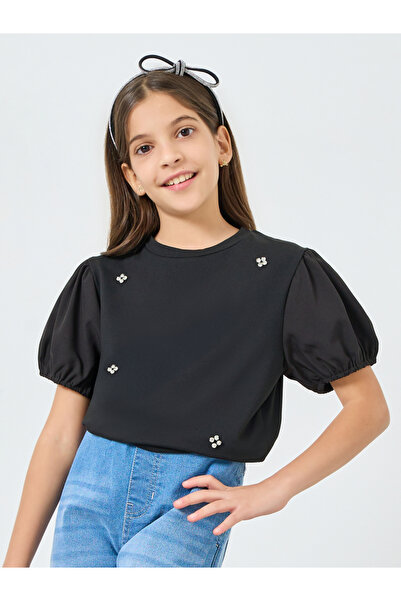 Styli Teen Girls Black Puff Sleeve Embellished Top