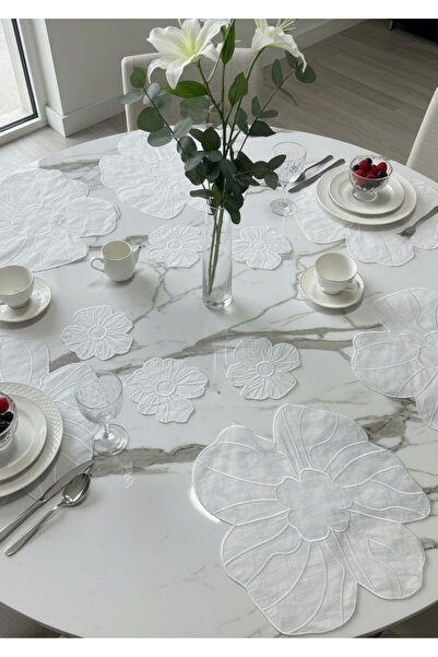 FORSACE 12 Parçadan OLuşan Papatya Nakışlı Keten Amerikan Servis, Keten Supla...