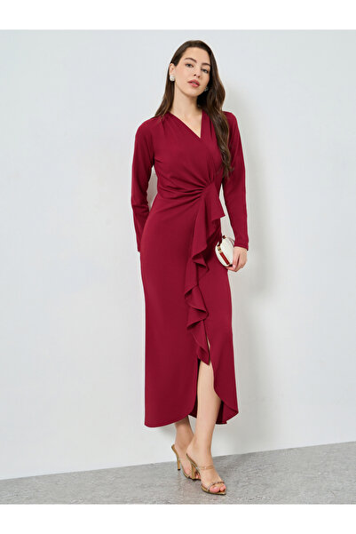 Styli Women Burgundy Ruffled Front Maxi Dress