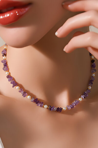 NBS Beautiful Naturel Stones Kadın Gerçek İncili Ametist Kolye Okyanus Esintisi