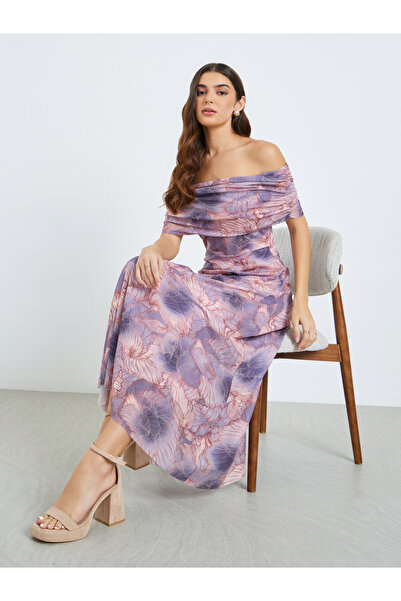 Styli Women Purple Printed Off Shoulder A-Line Maxi Dress