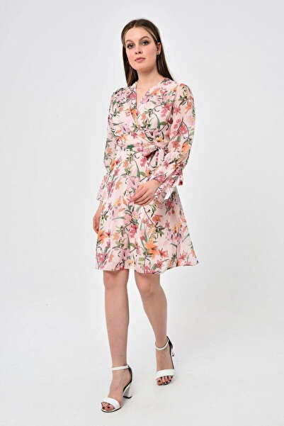 Bonnie Clyde Women's Floral Patterned Beige Chiffon Midi Dress with Tie Detai...