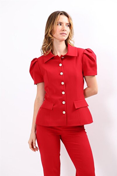 ÖNDER ÖZSOY Shirt Collar Short Sleeve Modern Women's Jacket-Red