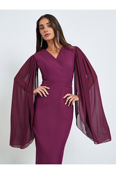 Styli فستان ميدي نسائي ضيق بأكمام كاب باللون العنابي