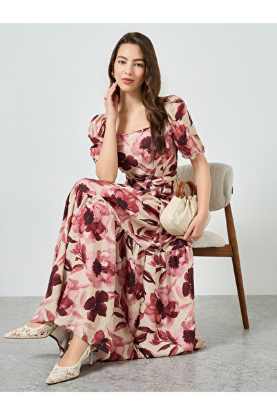 Styli فستان ماكسي بأكمام منفوخة وطبعة زهور للنساء