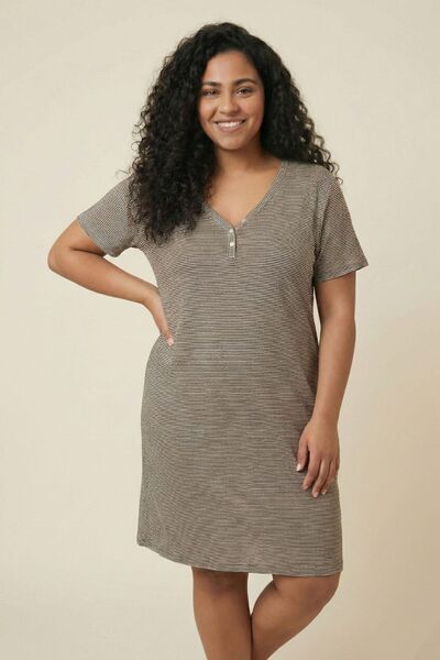 Flamingo Yeşil Gri İnce Çizgili Pamuklu Rahat Kalıp V Yaka Kısa Kol Kadın Elbise