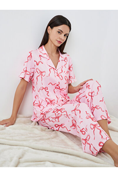 Styli Women Bow Print Buttoned Shirt and Pyjama Set