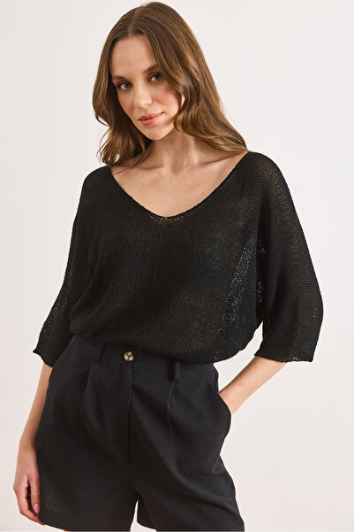 Olalook Women's Black V-Neck Mercerized Bat Flowy Knitwear Blouse Blz-19003210