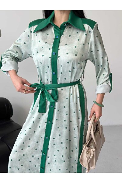 Moda İkra Women's Shirt Collar Tie-Back Zigzag Patterned Dress