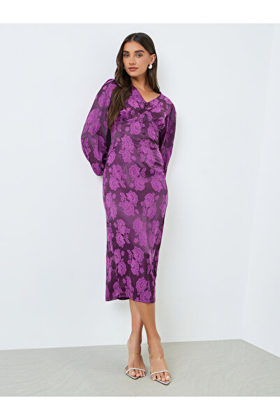 Styli Women Purple Floral Balloon Sleeves Sheath Midi Dress