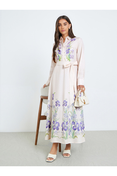 Styli Women Peach Floral Print Long Sleeve A-Line Maxi Dress