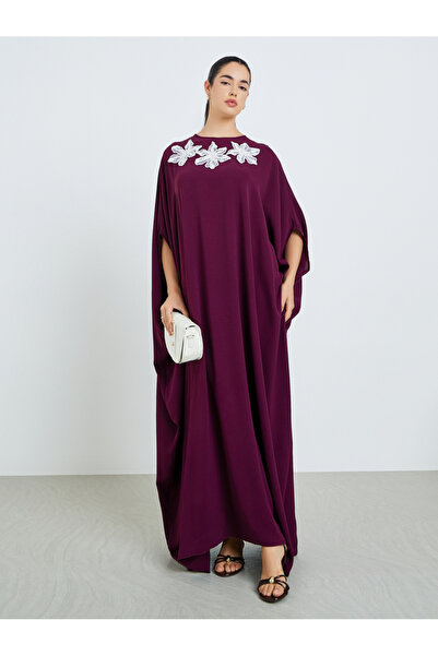 Amirah By Styli Women Burgundy Maxi Kaftan with Floral Embellishments