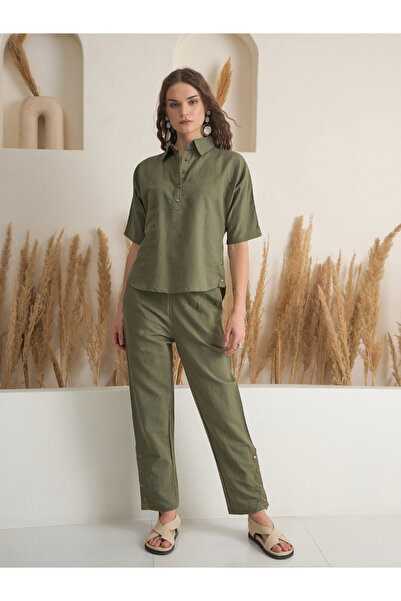 Sanskrutihomes By Styli Women Olive Viscose Rayon Top and Pants Set
