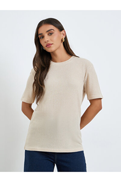 Styli Women Beige Knitted Short Sleeve T-Shirt