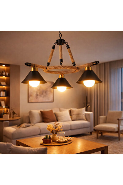 ALC-Shop Vintage Hanging Chandelier, LV571/3BK, 3*E27, Brown, Metal and Rope