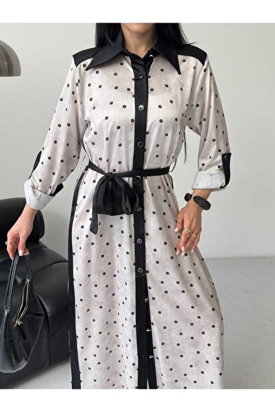 Moda İkra Women's Shirt Collar Tie-Back Zigzag Patterned Dress