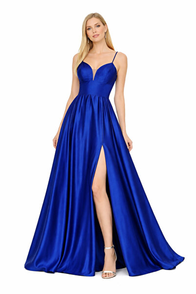 incitanesii Askılı Saten Uzun Abiye Elbise Derin V Yaka