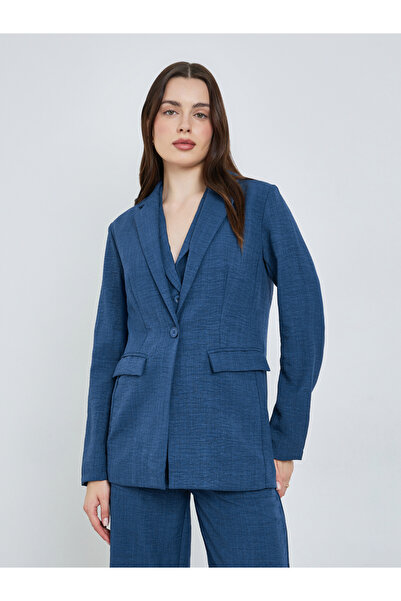 Styli Women Blue Regular Fit Linen Look Blazer