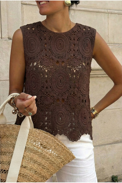 FEMELLE Brown Crochet Sleeveless Blouse