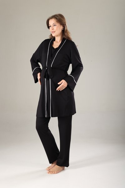 Rimel Homewear Maternity 3-Piece Pajama and Robe Set - Adjustable Waist with Breastfeeding Feature - Black