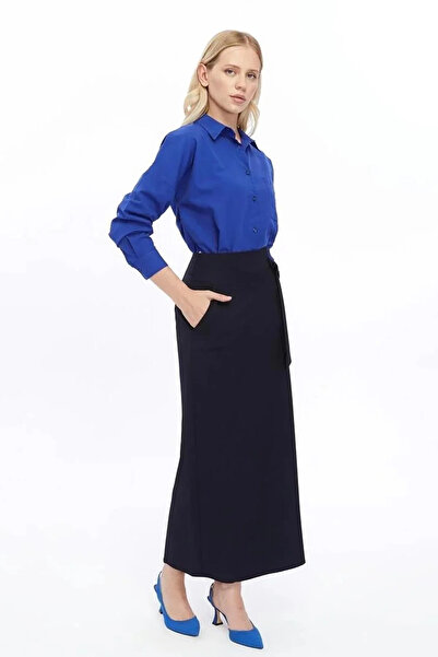 Zeta Group Women's Navy Blue Polyviscon Pencil Skirt with Pocket Detail 2107-...