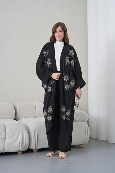 Miss Allos Set de damă cu cardigan și pantaloni din in, brodat cu mărgele în ...