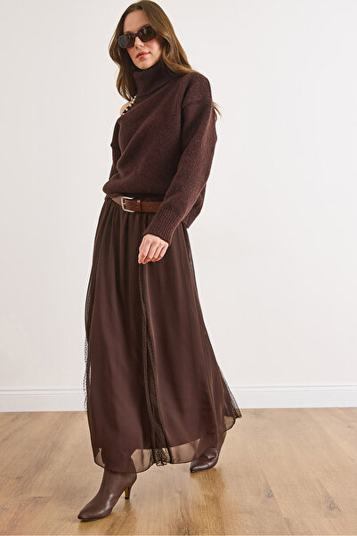 Olalook Women's Brown Lined Long Tulle Skirt with Lace Detail Etk-19000400