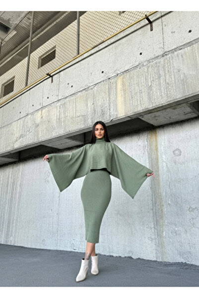 YusGos Women's High-Neck Shawl Bat Model Long Knitwear Dress