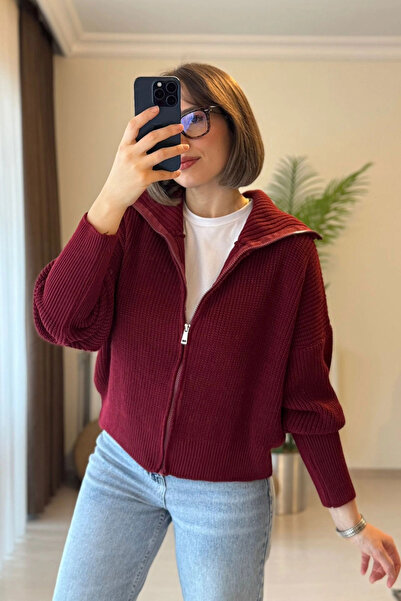 Kubos Moda Balloon Sleeve Collar Detail Burgundy Cardigan