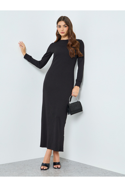 Styli Black Maxi Sheath Dress with Long Sleeves