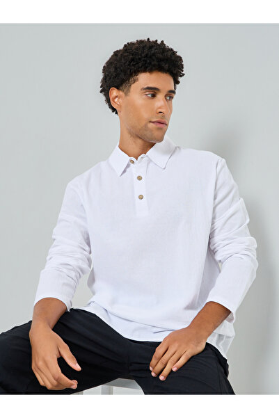 Take Two By Styli Men White Long Sleeve Linen Blend Polo