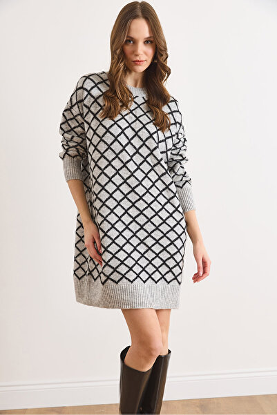 Olalook Women's Gray Baklava Pattern Soft Textured Knitwear Tunic Dress Elb-1...