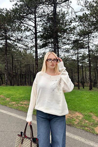 lizge giyim Boat Neck Stone Detail Knitwear Sweater