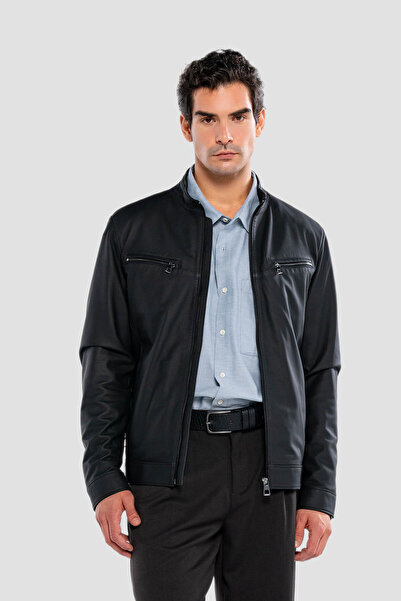 Tamer Tanca معطف جلد طبيعي أسود للرجال