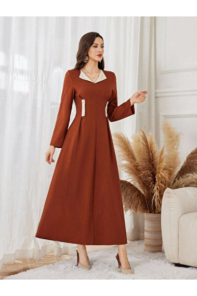 Take Two By Styli Women Rust Contrast Collar A-Line Maxi Dress