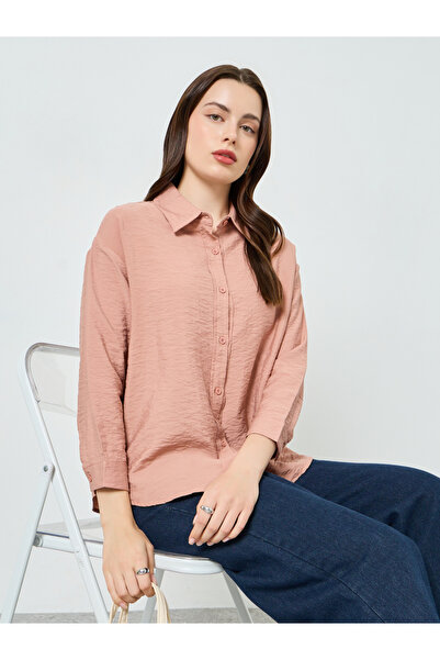 Styli Women Peach Textured Long Sleeve Shirt