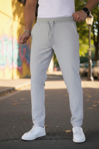 Bürke Men's Gray Color Elastic Waist Lace-Up Double-Legged Jogger Tracksuit